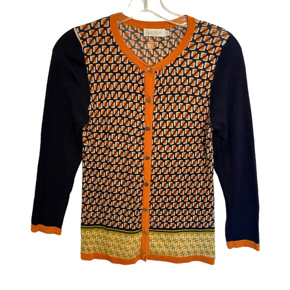 Spartina Fair and Square Cardigan Womens XS Merino Wool Navy & Orange Button - Picture 2 of 8